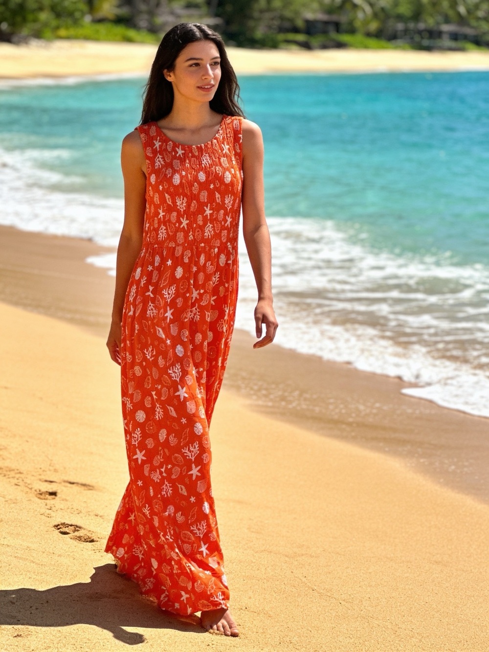 Market & Spruce Orange Seashell Print Smocked Maxi Dress Size M